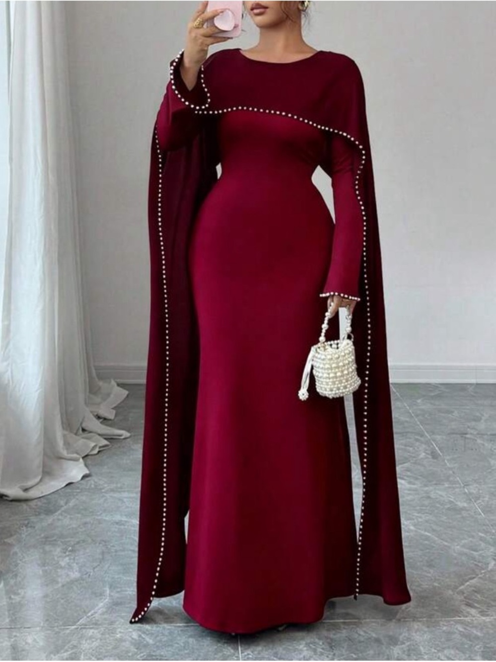 Pearl-Trim Burgundy Maxi Cape Sleeve Dress